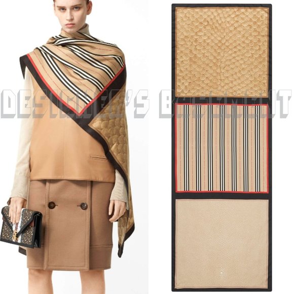 Burberry Accessories - BURBERRY beige MONTAGE Fish Stripe Logo Silk Scarf